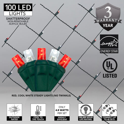 100 LED 5mm red and white Christmas net lights on green wire in 10 colors