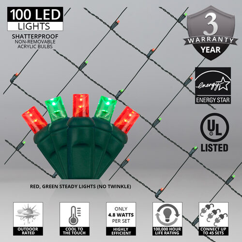 100 LED 5mm red and green Christmas net lights on green wire in 10 colors