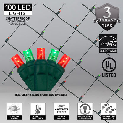 100 LED 5mm red and green Christmas net lights on green wire in 10 colors