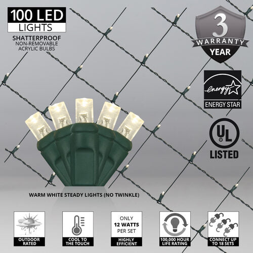 100 LED 5mm warm white Christmas net lights on green wire in 10 colors