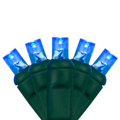 Close-up of blue 5mm wide angle LED Christmas lights on green wire