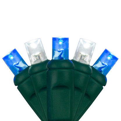 Close-up of blue and white 5mm wide angle LED Christmas lights on green wire