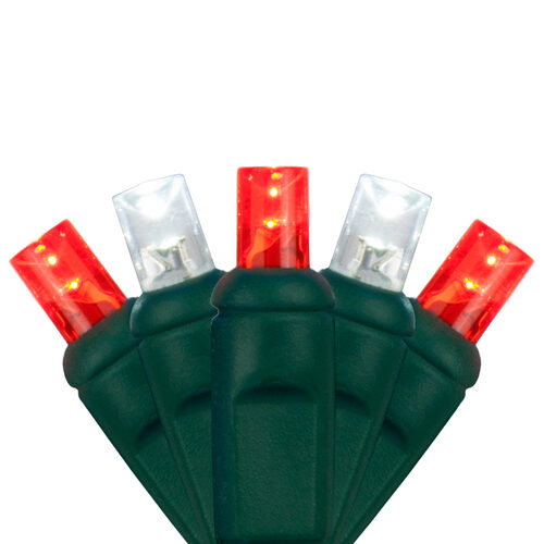 Close-up of red and white 5mm wide angle LED Christmas lights on green wire