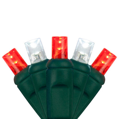 Close-up of red and white 5mm wide angle LED Christmas lights on green wire