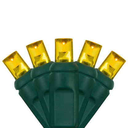 Close-up of gold 5mm wide angle LED Christmas lights on green wire