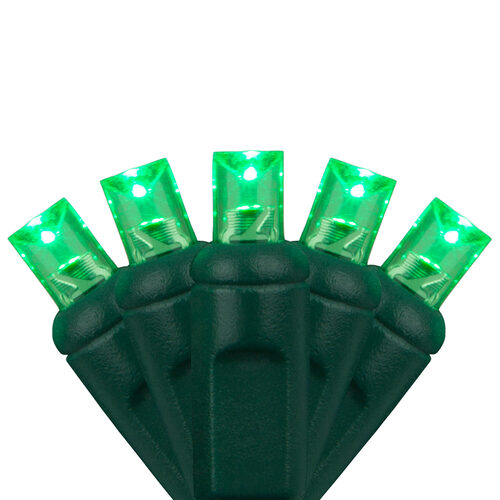 Close-up of green 5mm wide angle LED Christmas lights on green wire