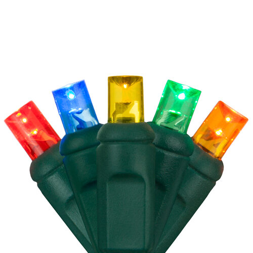 Close-up of multicolor 5mm wide angle LED Christmas lights on green wire