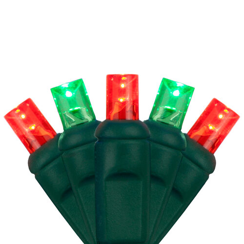 Close-up of green and red 5mm wide angle LED Christmas lights on green wire