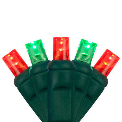 Close-up of green and red 5mm wide angle LED Christmas lights on green wire