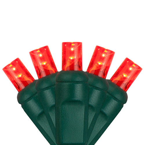 Close-up of red 5mm wide angle LED Christmas lights on green wire