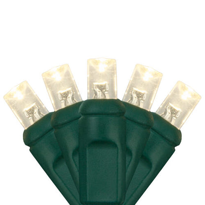 Close-up of warm white 5mm wide angle LED Christmas lights on green wire