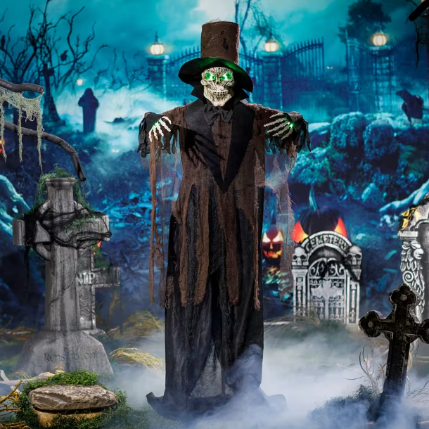 66 inch animated skeleton black top hat Halloween decoration