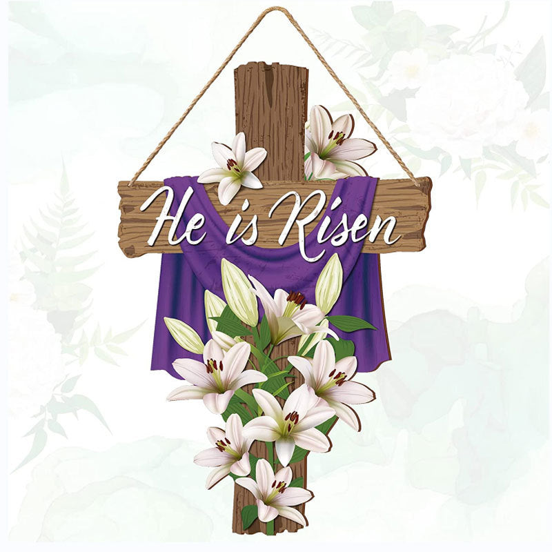 Easter hanging decoration Decorative Cross with 'He is Risen' text and white lilies 