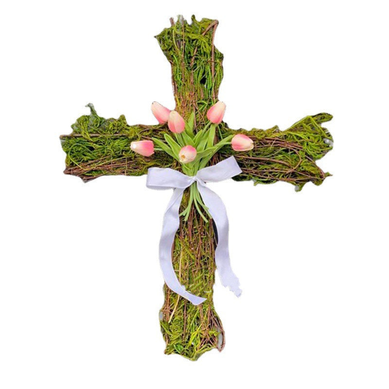Cross-Shaped Grapevine Easter Wreath with Tulips & White Ribbon