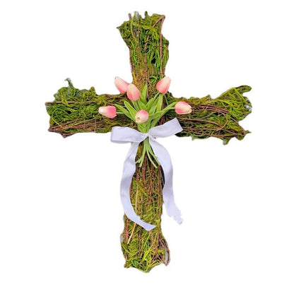 Cross-Shaped Grapevine Easter Wreath with Tulips & White Ribbon