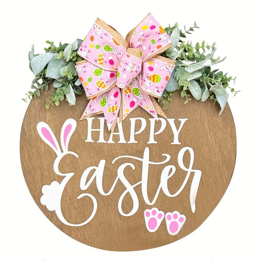 Round wooden sign with 'Happy Easter' text, pink polka dot bow, and bunny ears 