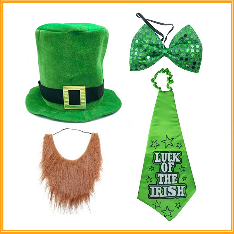 St. Patrick's Day Green leprechaun hat, bow tie, tie, and beard costume accessory set 