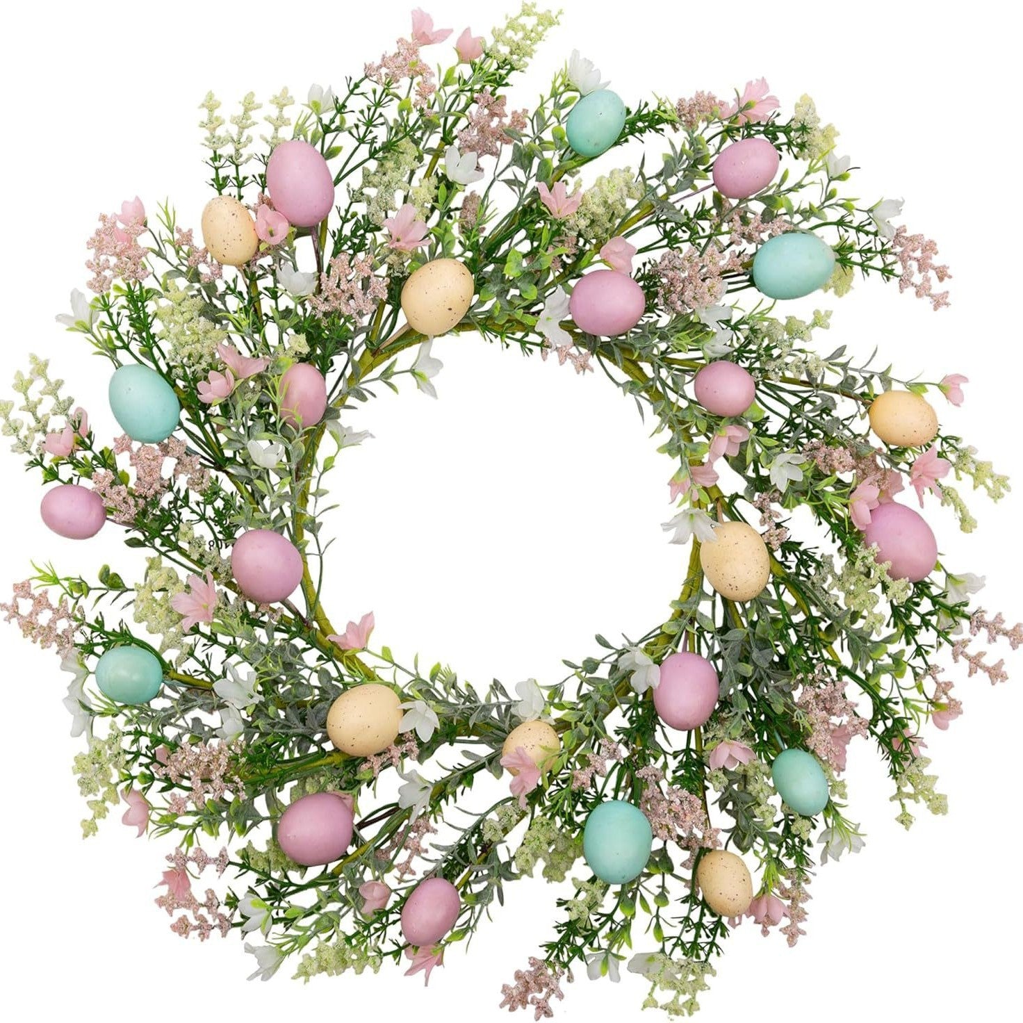 Decorative wreath with pastel-colored Easter eggs and flowers