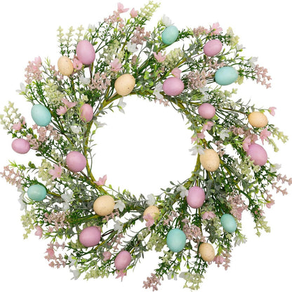 Decorative wreath with pastel-colored Easter eggs and flowers