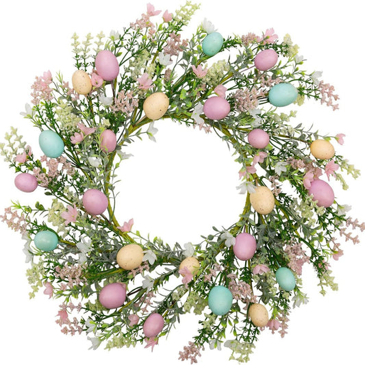 Decorative wreath with pastel-colored Easter eggs and flowers