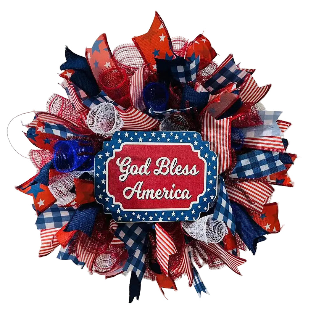Decorative wreath with red, white, and blue colors featuring 'God Bless America' fourth of July decoration