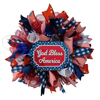 Decorative wreath with red, white, and blue colors featuring 'God Bless America' fourth of July decoration