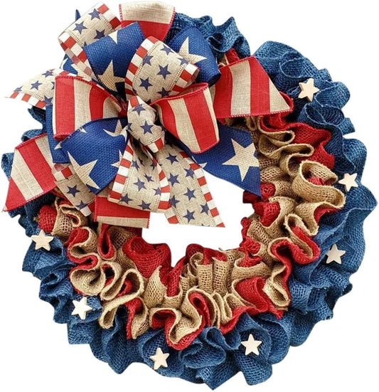 Decorative burlap ribbon wreath with American flag fourth of July veterans day decoration