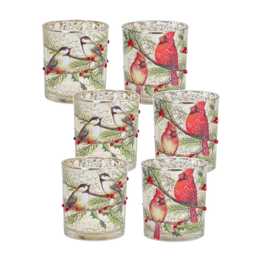 Mercury Glass Votive Candle Holder with Bird and Berry Branch (Set of 6) – manufacturer product image