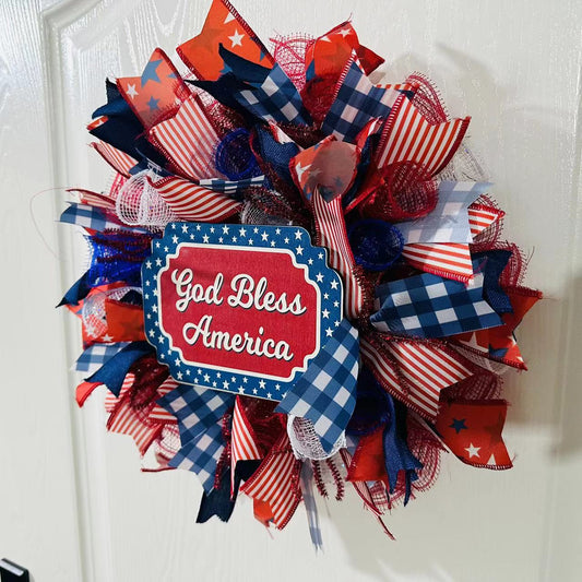 16 inch “God Bless America” Patriotic Ribbon Wreath - Holiday Spirit Shop
