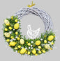 Grapevine Easter wreath with yellow colorful eggs and a white rooster silhouette 