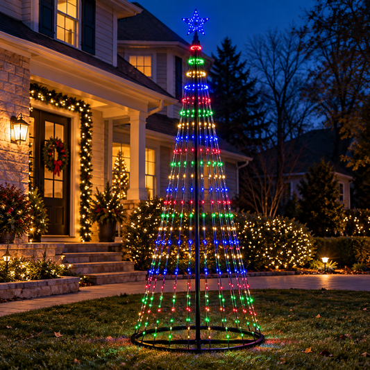 9 Ft giant multicolor animated LED Christmas light show tree displayed in a decorated front yard at dusk with blue star topper.