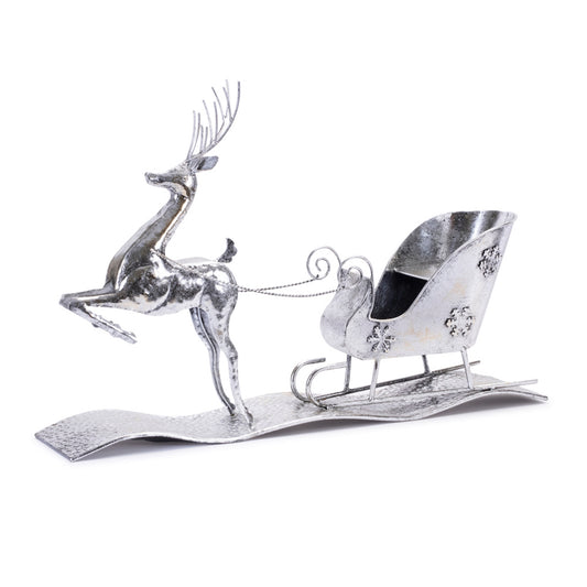 Silver Christmas Reindeer Pulling Sleigh Decoration – manufacturer product photo