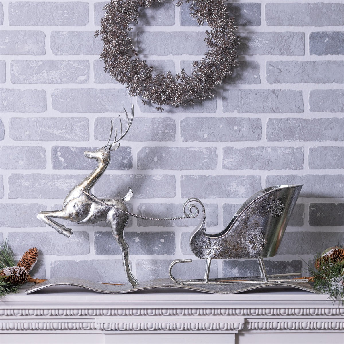 Silver Christmas Reindeer Pulling Sleigh Decoration – Melrose manufacturer image 2