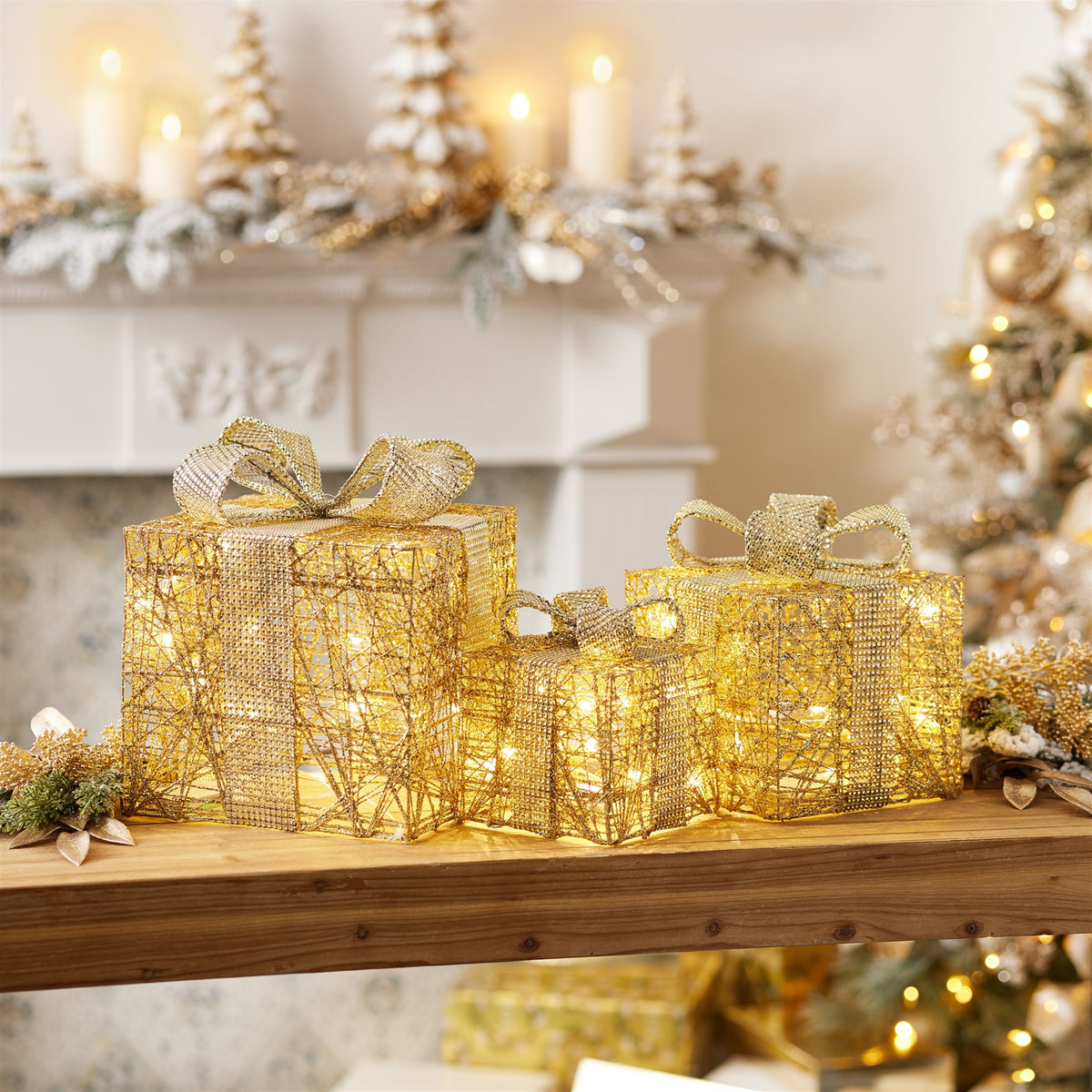 Gold LED Wrapped Christmas Presents – Set of 3 – Melrose manufacturer photo 2