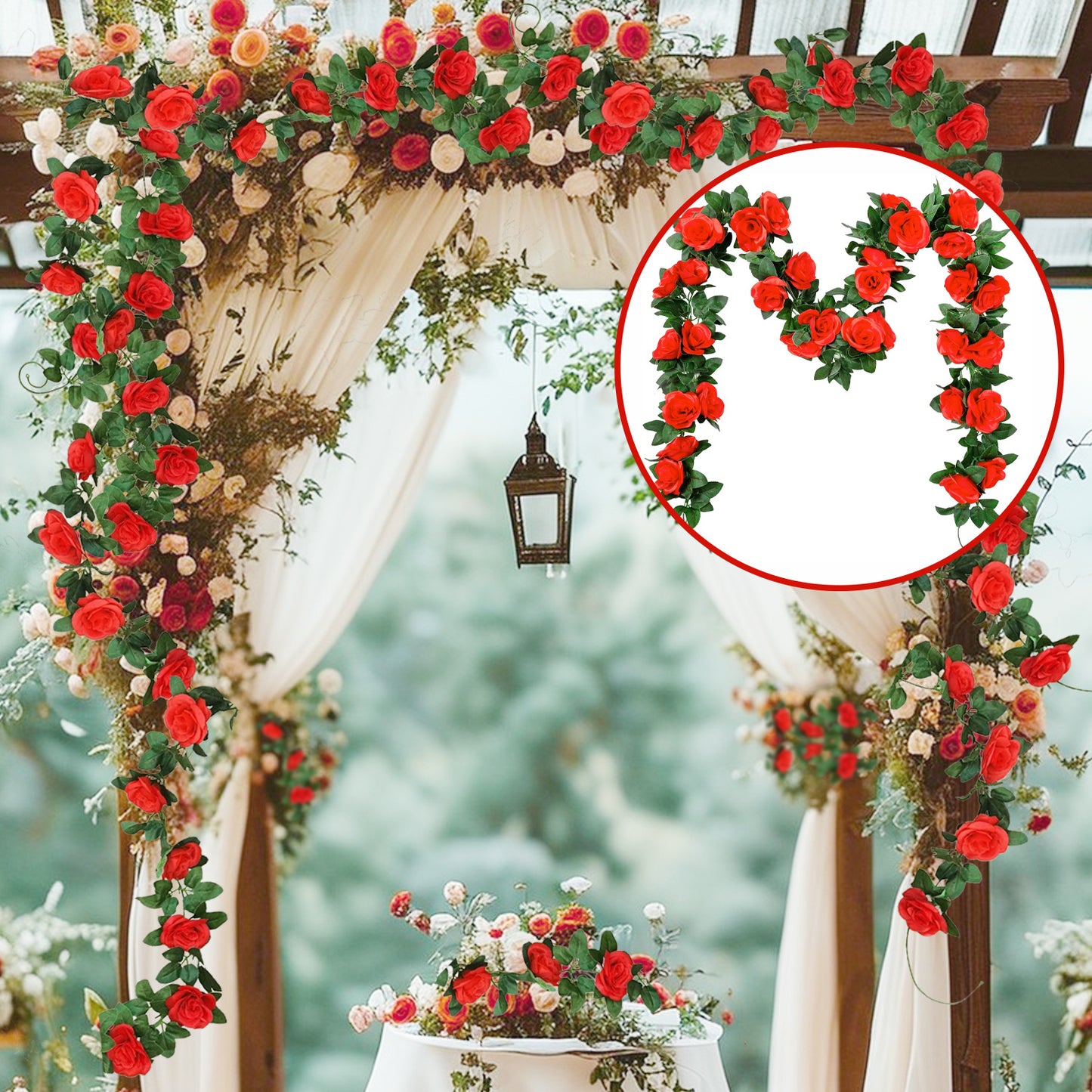 Set of 2 Artificial Silk Rose Vine Hanging Garland