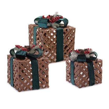 LED Woven Christmas Presents, Set of 3 - Melrose International manufacturer product photo