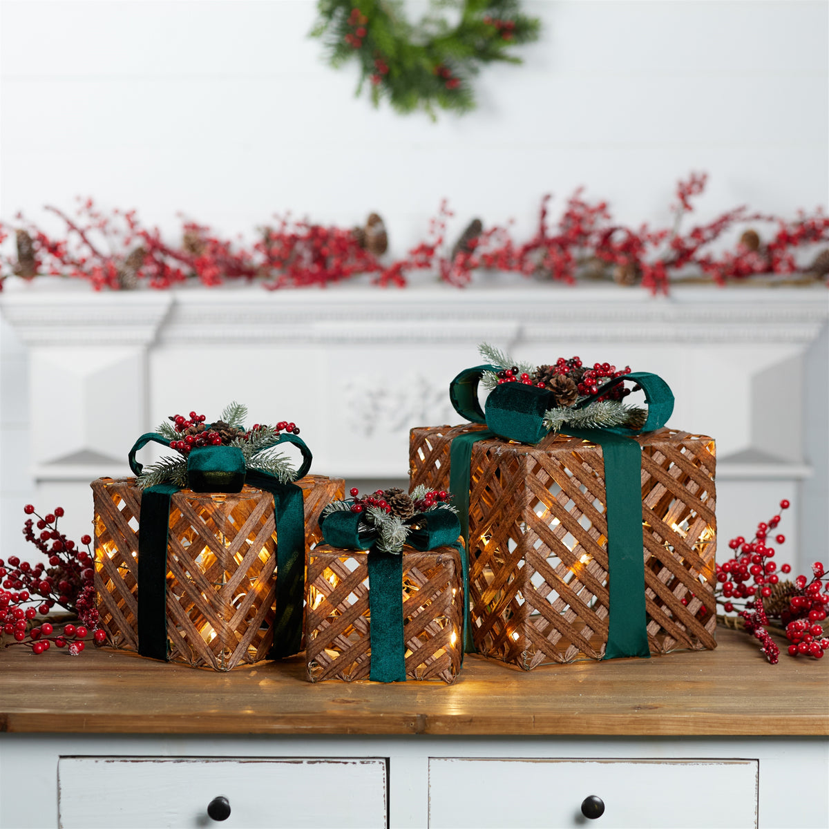 LED Woven Christmas Presents, Set of 3 - Melrose International manufacturer photo 2