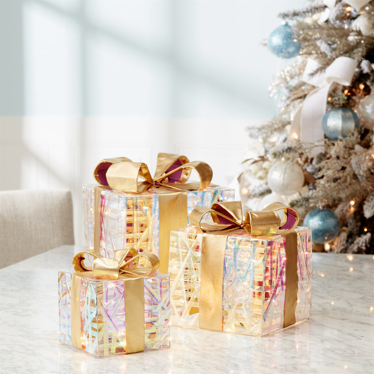 Gold LED Woven Christmas Gift Boxes with Bows – Set of 3 – Melrose manufacturer photo 6
