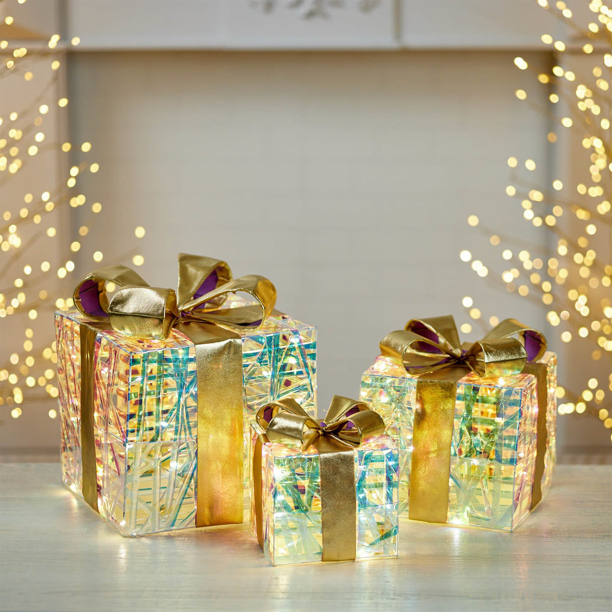 Gold LED Woven Christmas Gift Boxes with Bows – Set of 3 – Melrose manufacturer photo 2