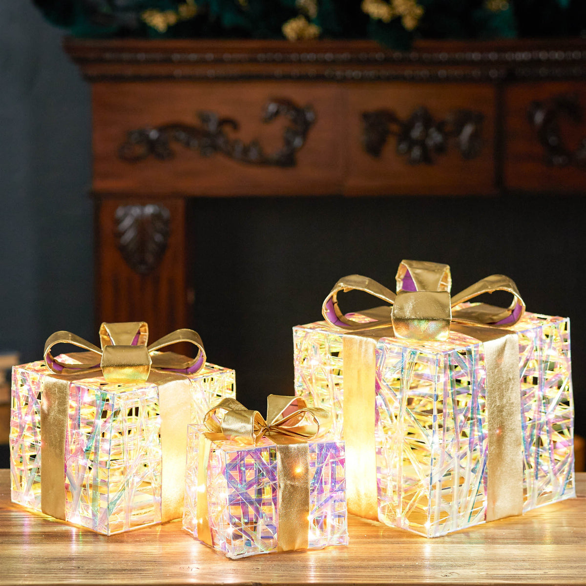Gold LED Woven Christmas Gift Boxes with Bows – Set of 3 – Melrose manufacturer photo 7