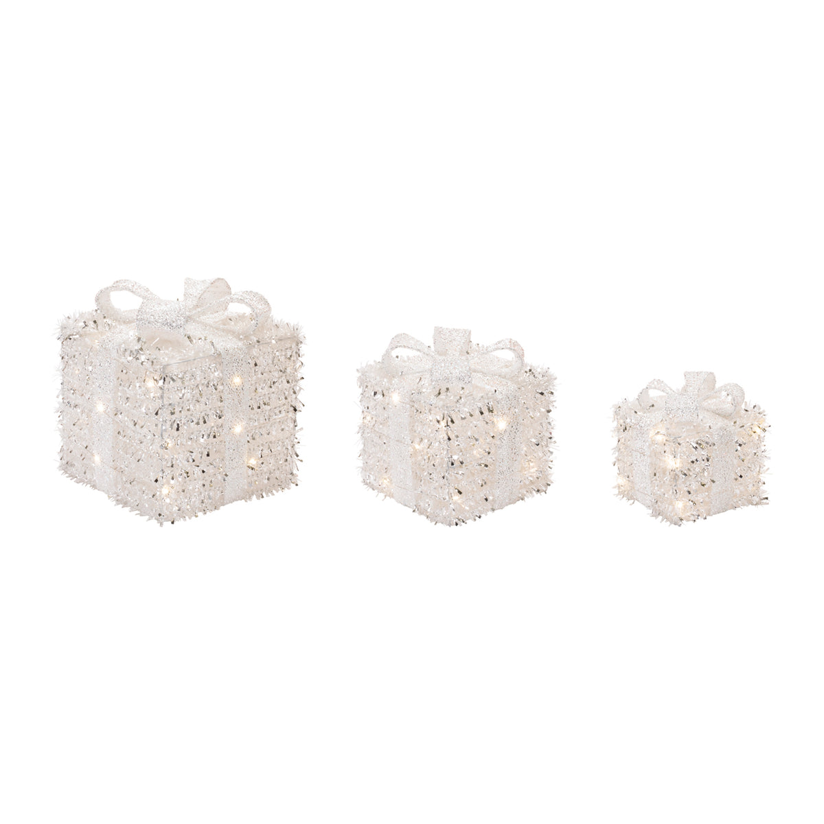White & Silver LED Tinsel Christmas Gift Boxes – Set of 3 – original Melrose manufacturer photo