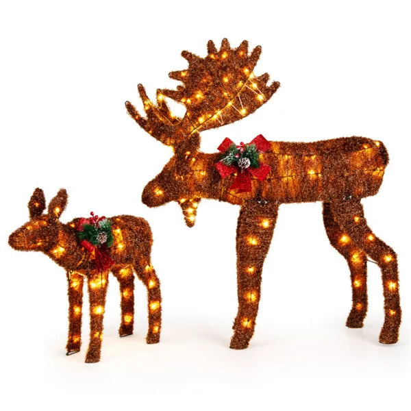 Set of 2 - Father & Baby Moose with LED Lights