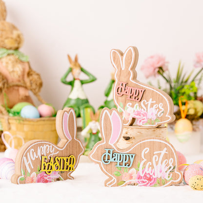 Wooden bunny-shaped 'Happy Easter' decoration with floral decorations