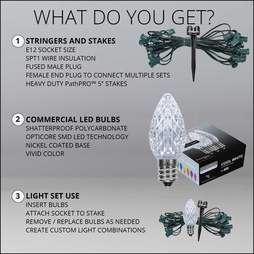 C7 OptiCore LED Christmas pathway lights with PathPRO stakes in six colors Whats Included