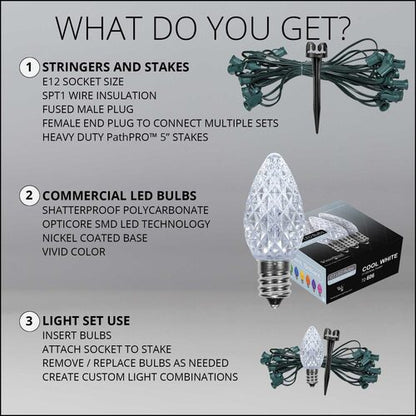 C7 OptiCore LED Christmas pathway lights with PathPRO stakes in six colors Whats Included