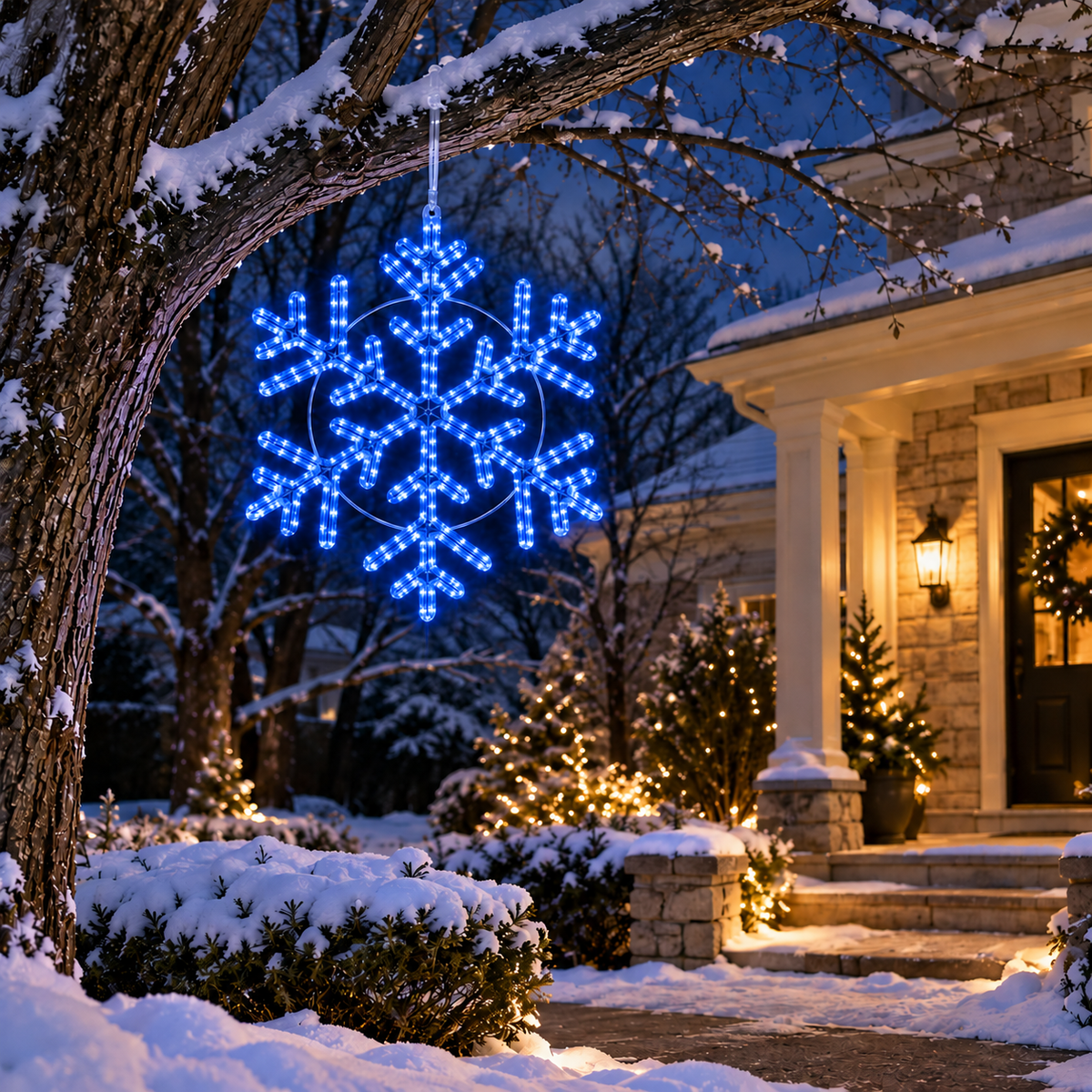 Giant 24-inch blue LED snowflake Christmas decoration with 314 glowing lights hanging from a snow-covered tree beside a decorated home.