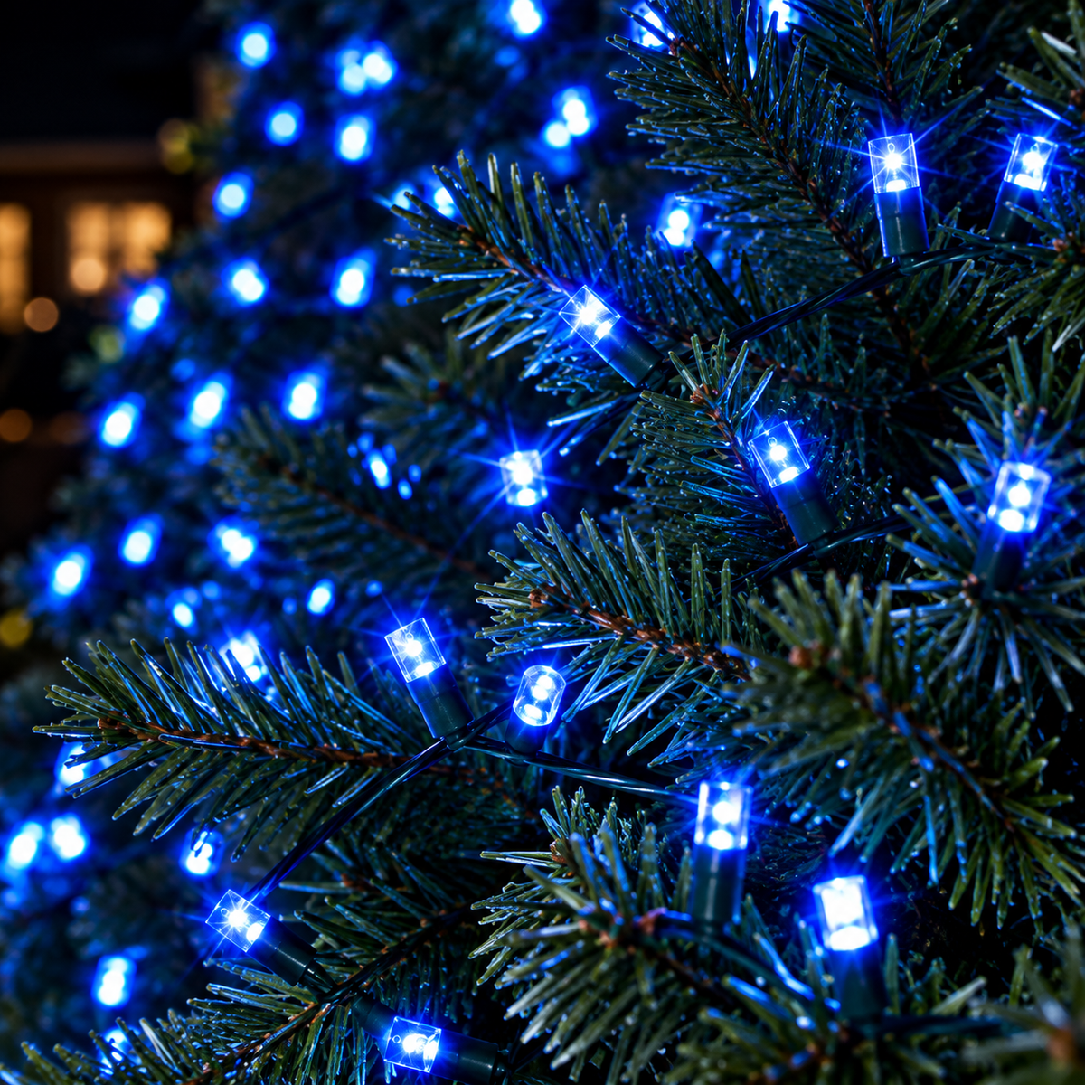 Blue 5mm SoftTwinkle LED Christmas string lights glowing on evergreen branches with green wire
