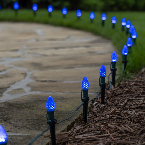 Blue C7 OptiCore LED Christmas pathway lights with PathPRO stakes in six colors