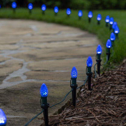 Blue C7 OptiCore LED Christmas pathway lights with PathPRO stakes in six colors