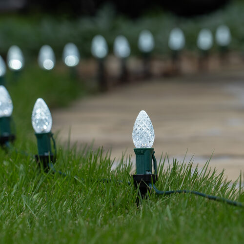Cool White C7 OptiCore LED Christmas pathway lights with PathPRO stakes in six colors